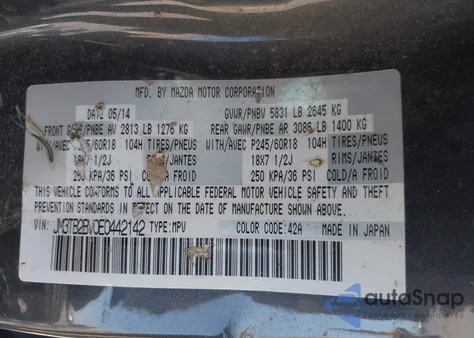 2014 Mazda Cx-9 Sport z USA, uszkodzony, nr VIN JM3TB2BV0E0442142